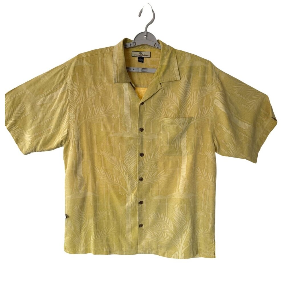 Tommy Bahama Mens Silk Size Large Textured Gold Tropical‎ Casual Shirt Resort